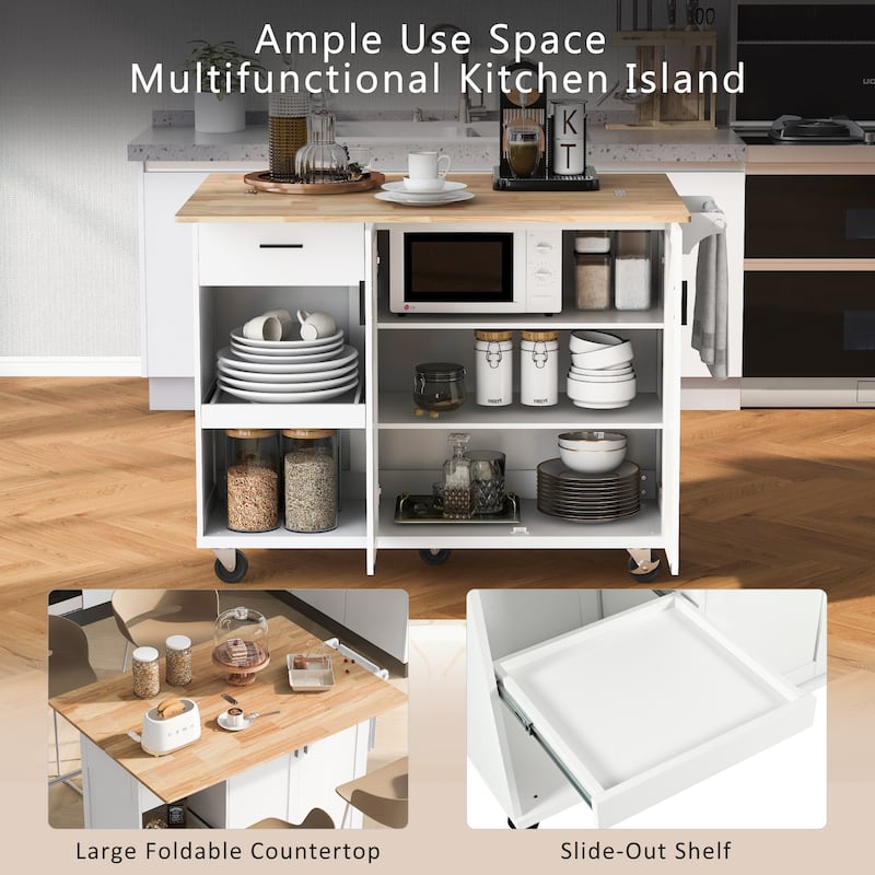 Roomfitters Kitchen Island with Foldable Counter Top, Kitchen Storage Cart with Slide-Out Shelf, Towel Rack and Drawer