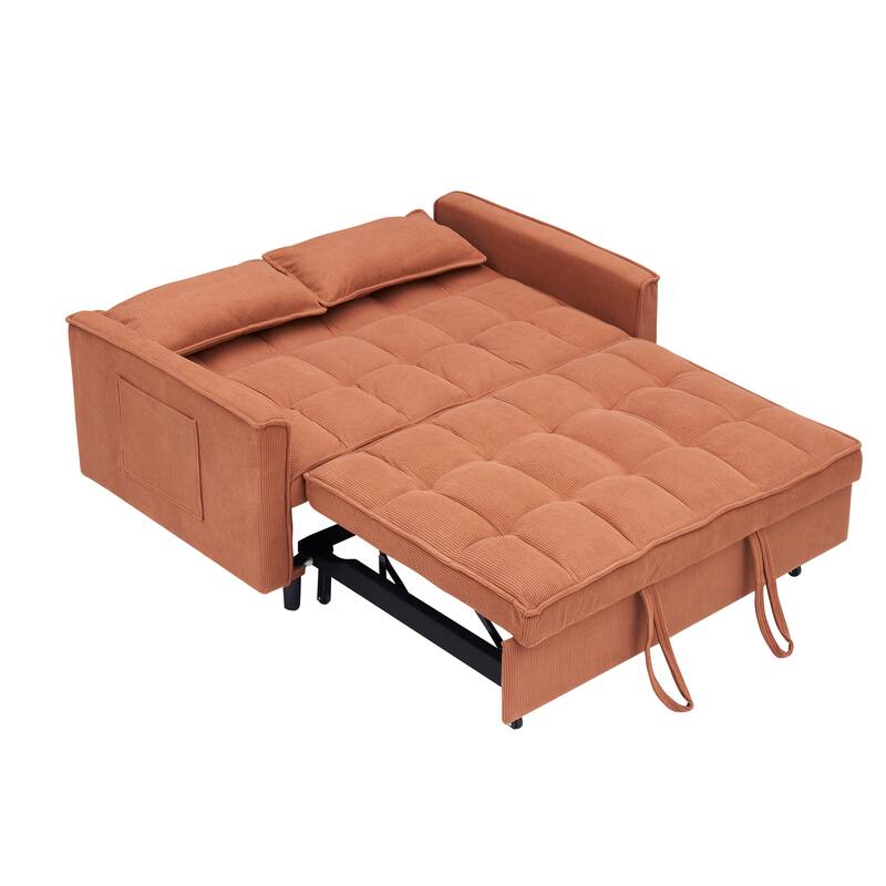 Corduroy Pull Out Loveseat Sofa Convertible Sleeper Love Seat Bed Adjustable Backrest Tufted Couch w2 Pillo & Pockets