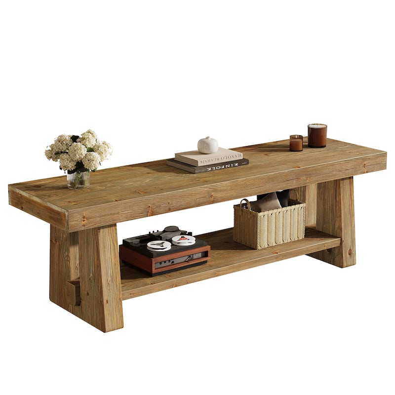 2-Tier Solid Wood TV Stand with Storage Shelves, Entertainment Center Television Console for 75-Inch TVs Living Room Bedroom