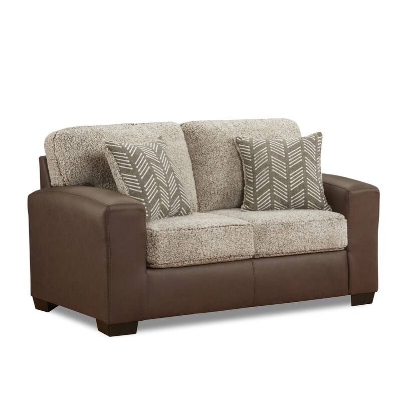 Roundhill Furniture Marvella 2-Piece Living Room Sofa and Loveseat Set, Chocolate Faux Leather and Curly Shearling Upholstery