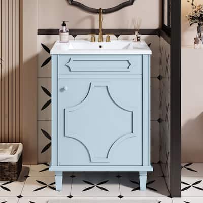 24 Inch Single Sink Freestanding Bathroom Vanity in Blue with White Ceramic Top