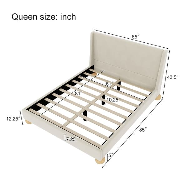 Queen Size Velvet Upholstered Platform Bed w/Wingback Headboard,Cream