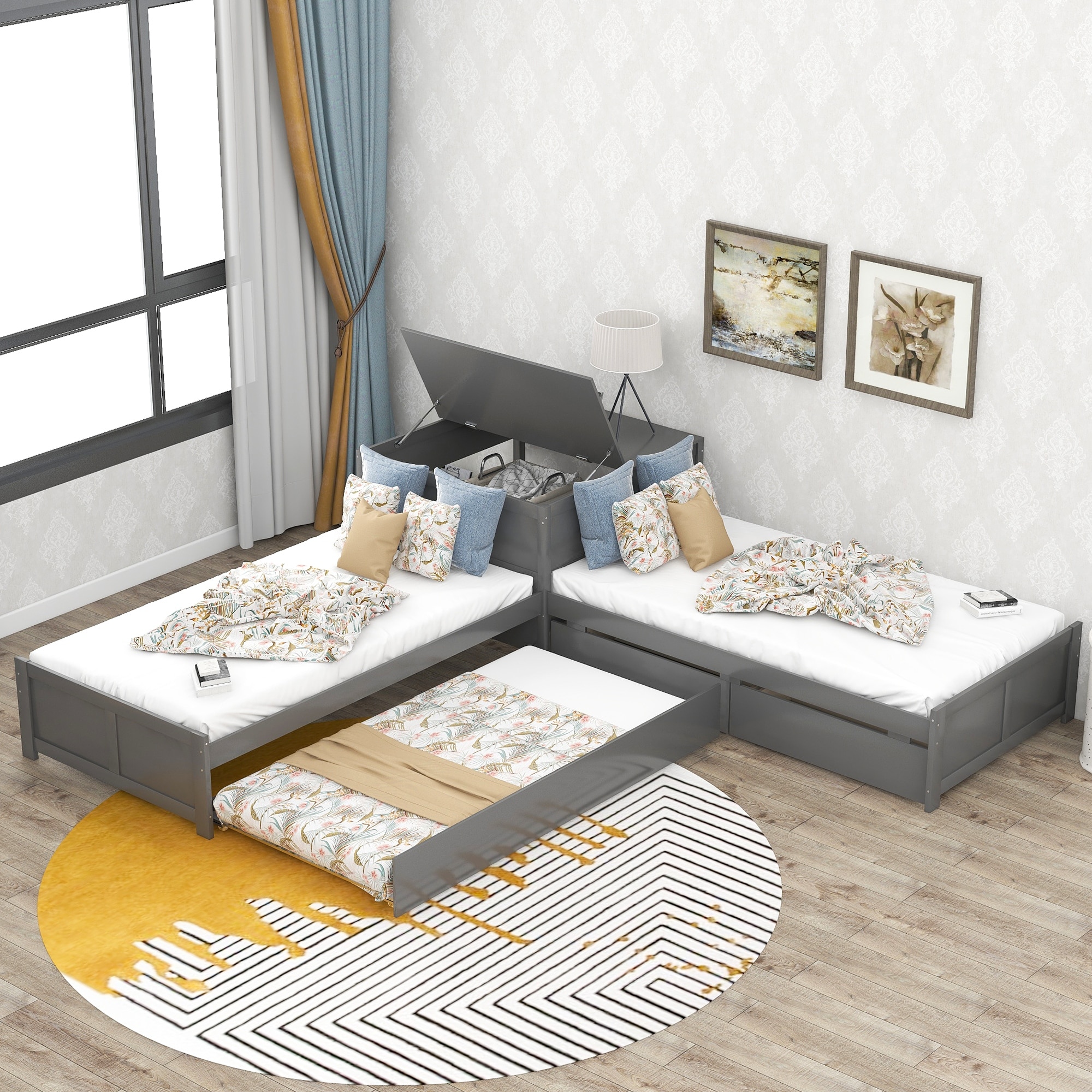 L Shaped Platform Bed with Trundle and Drawers Twin Size Wood