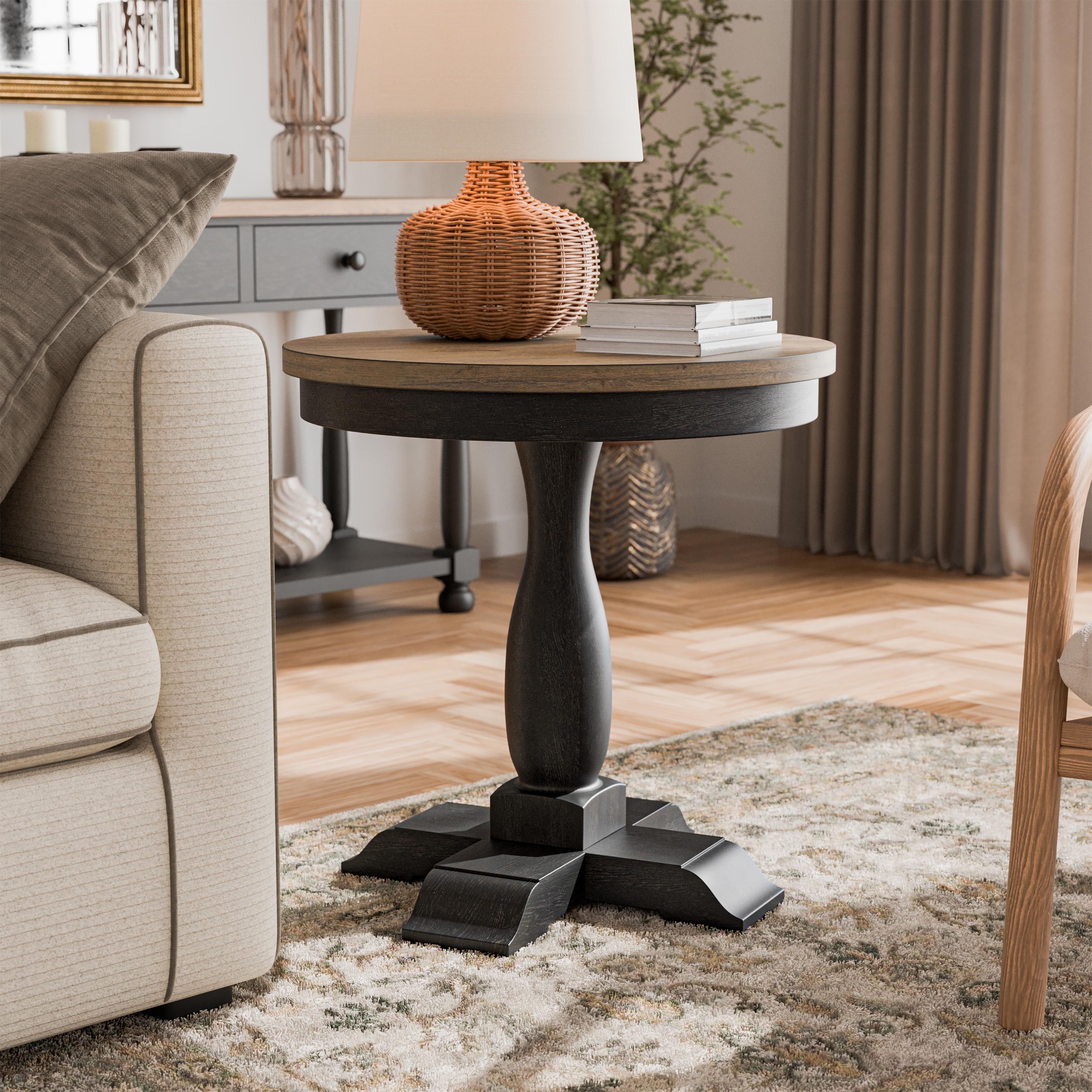 Furniture of America Lucan Modern Farmhouse Weathered Black and Brown Wood Round End Table