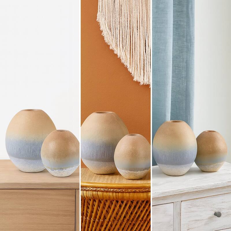 Aria Home Ombre Coastal Ceramic Oval Vase Set of 2 with Elegant Finish