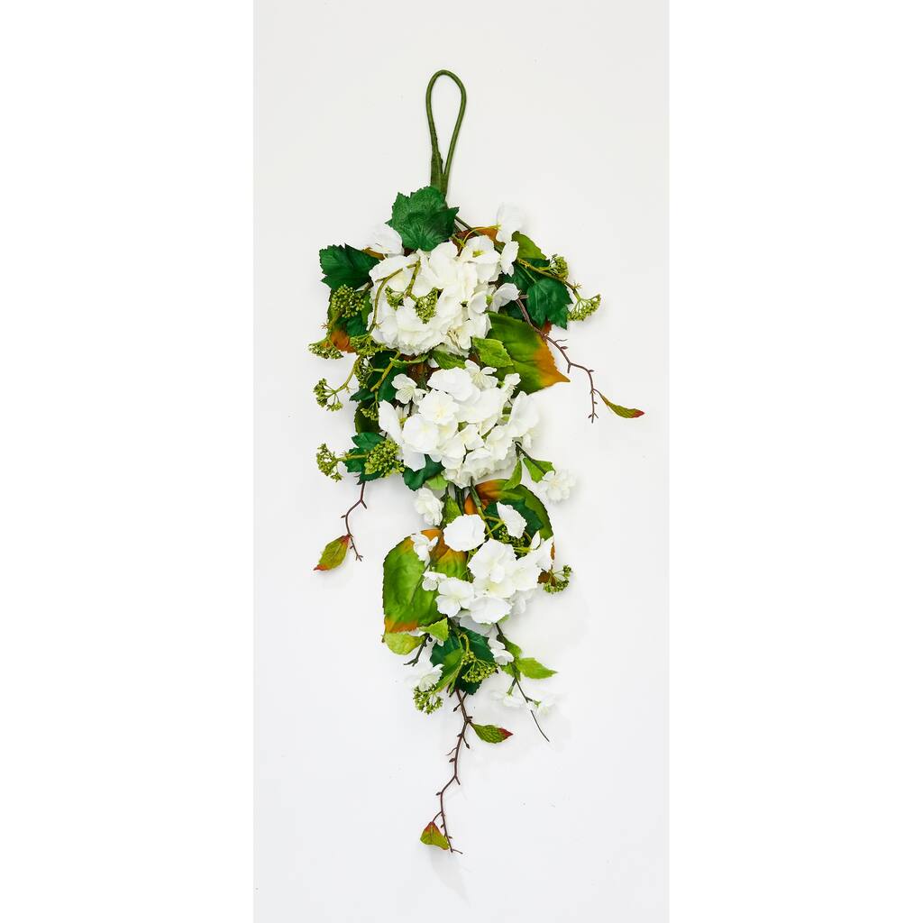 35" White Hydrangea and Green Leaves Teardrop - 35