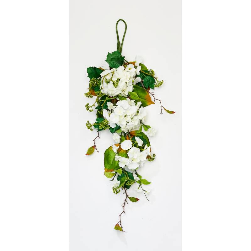 35" White Hydrangea and Green Leaves Teardrop - 35