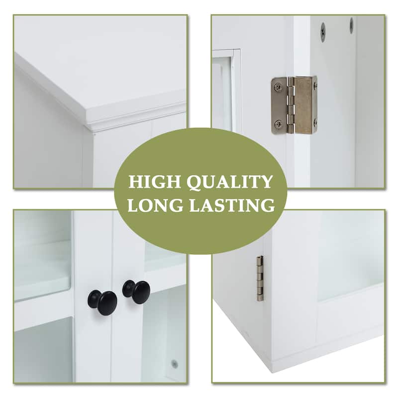 White MDF Wood Glass Pane Bathroom Wall Cabinet - 19.9" H x 23.6" W x 7.5" D