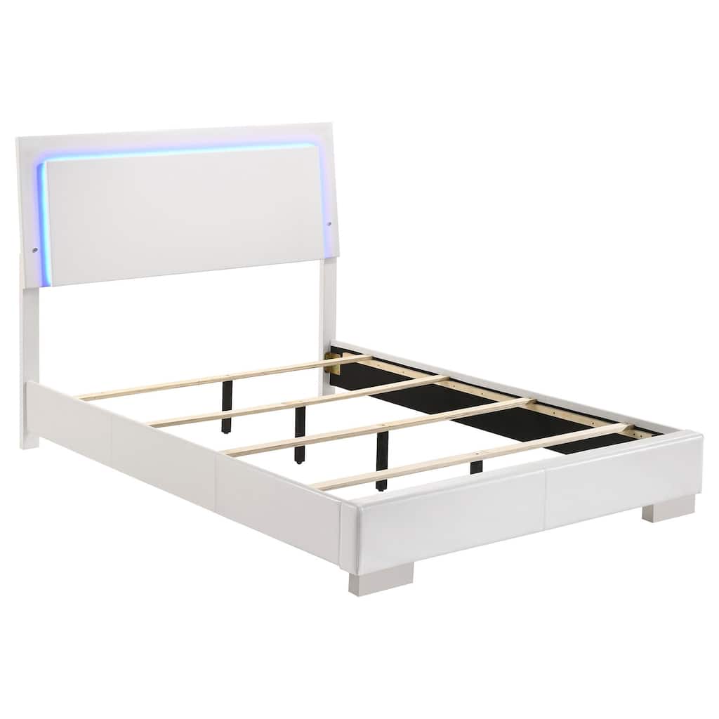 Panel Bed with LED Lighting, Glossy White, Faux Leather Upholstered Frame with Ambient Glow