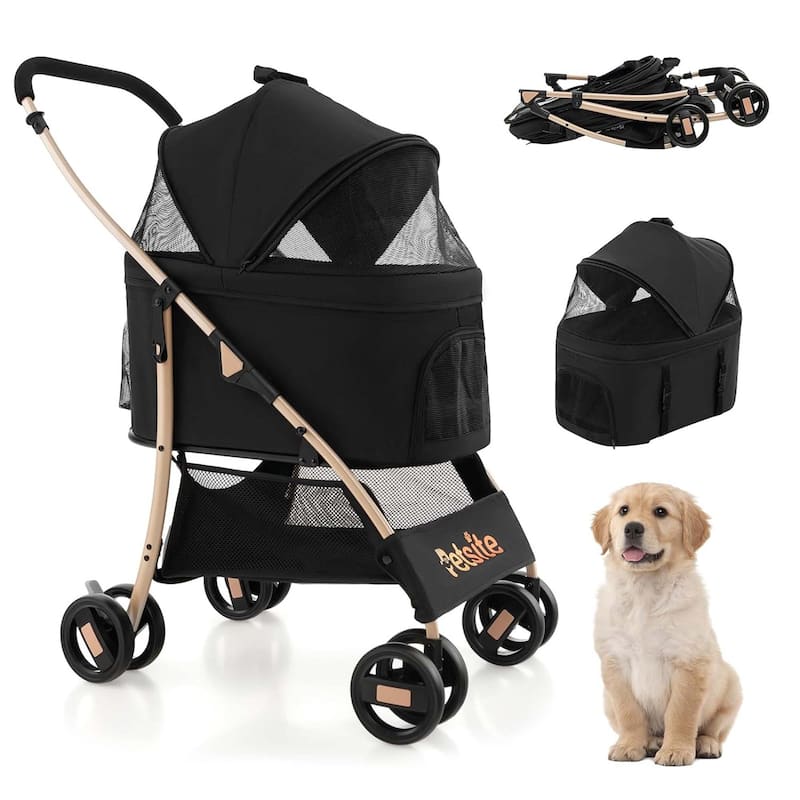 3-in-1 Pet Stroller Portable Folding Pet Stroller w/ Adjustable Canopy - Black & Gold