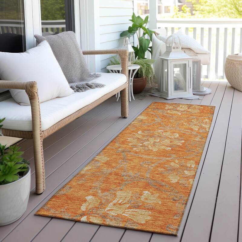 Machine Washable Indoor/ Outdoor Chantille Scroll Floral Rug - Orange - 2'3" x 7'6"