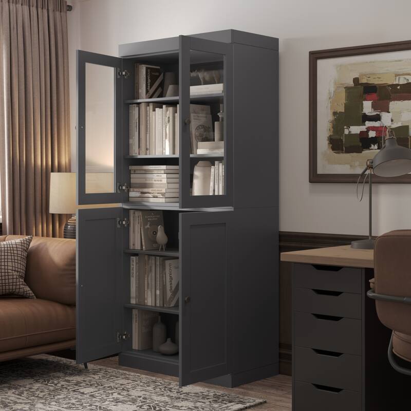 Palace Imports 100% Solid Wood 6-Shelf Bookcase with Clear Glass, Shaker Doors and Adjustable Shelves