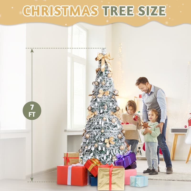 7 FT Snow Flocked Pre-lit Artificial Pop Up Christmas Tree with Golden Ornaments for Home Office Store Holiday Deco, Snowy Green
