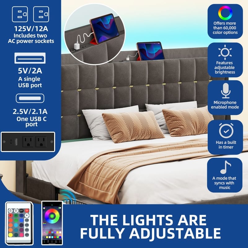 Moasis Queen/King Size Velvet Upholstered Bed with Charging Station and Storage Drawers