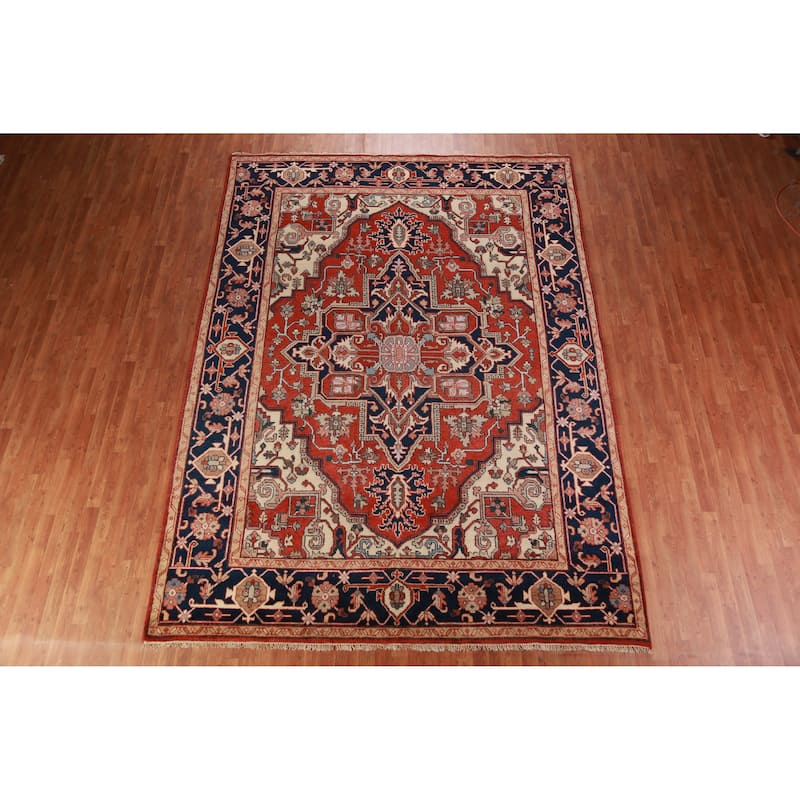 Geometric Red Heriz Serapi Oriental Area Rug Handmade Red Wool Carpet - 8'10" x 12'0"