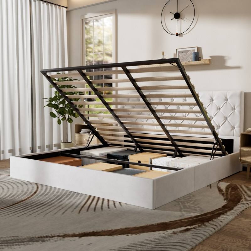 Plywood Frame Upholstered Platform Bed with Lift-up Storage Supported by Metal and Wooden Slats