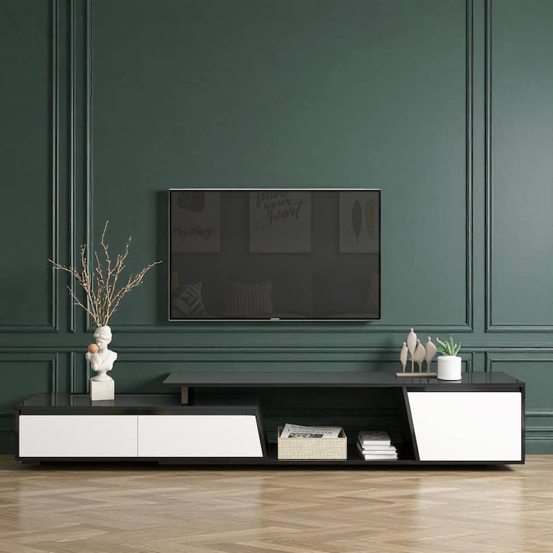 Modern 70.7''-107'' Extendable TV Stand for TVs up to 100'', Minimalist Rectangle Media Console with 2 Drawers & 1 Cabinet - Black