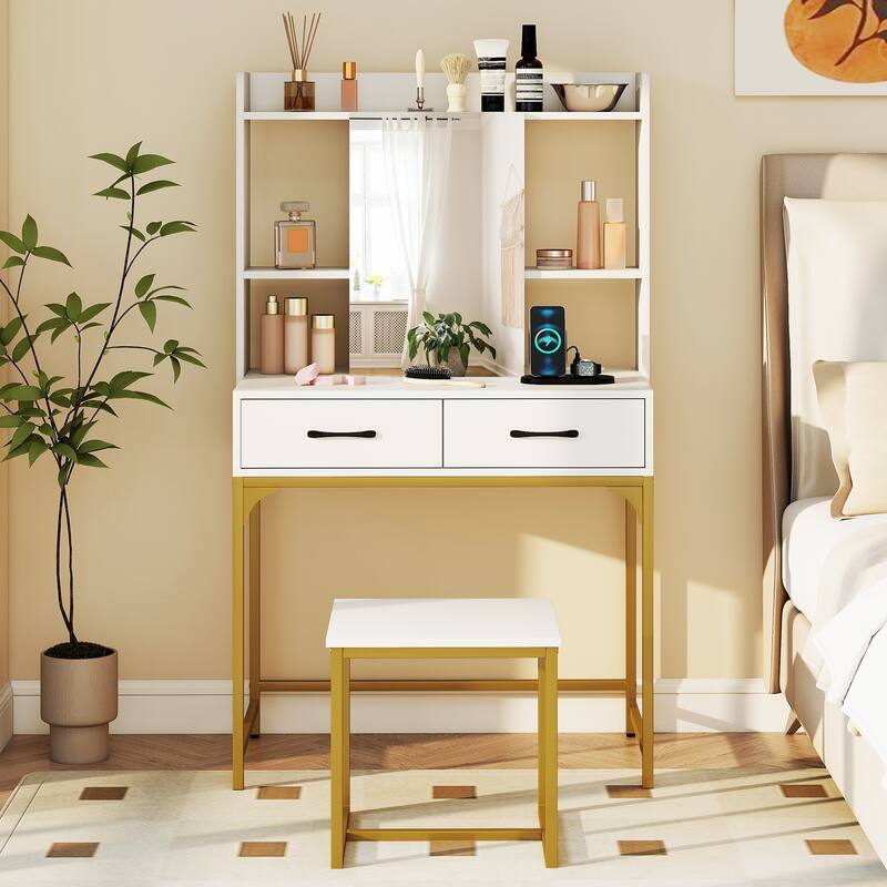 Gymax Vanity Desk w/Power OutletsMirror Cabinet Shelves Storage