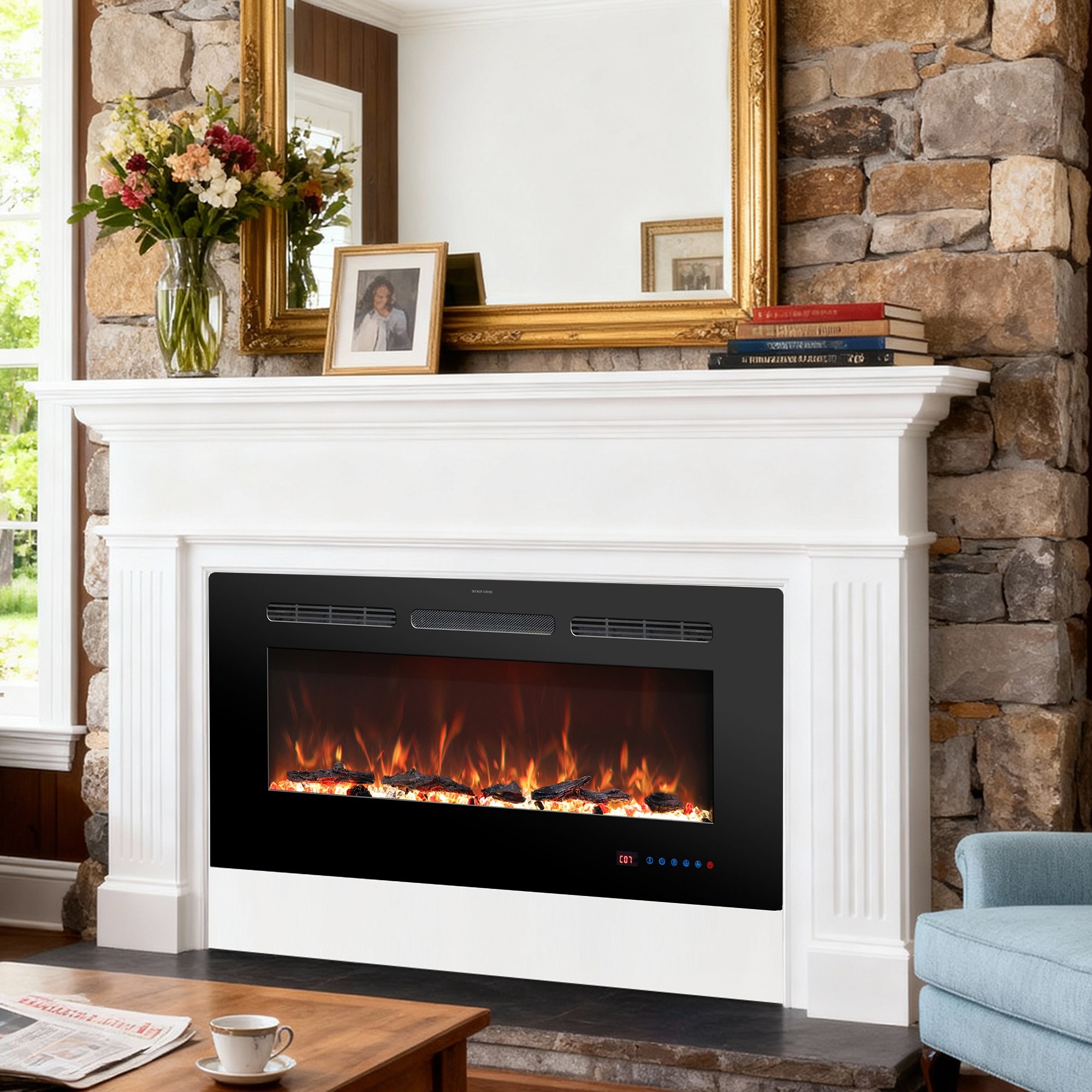 42" Modern Inserted Wall Mounted Electric Fireplace Heaters with Logs and Remote, 13 Adjustable Flame Color