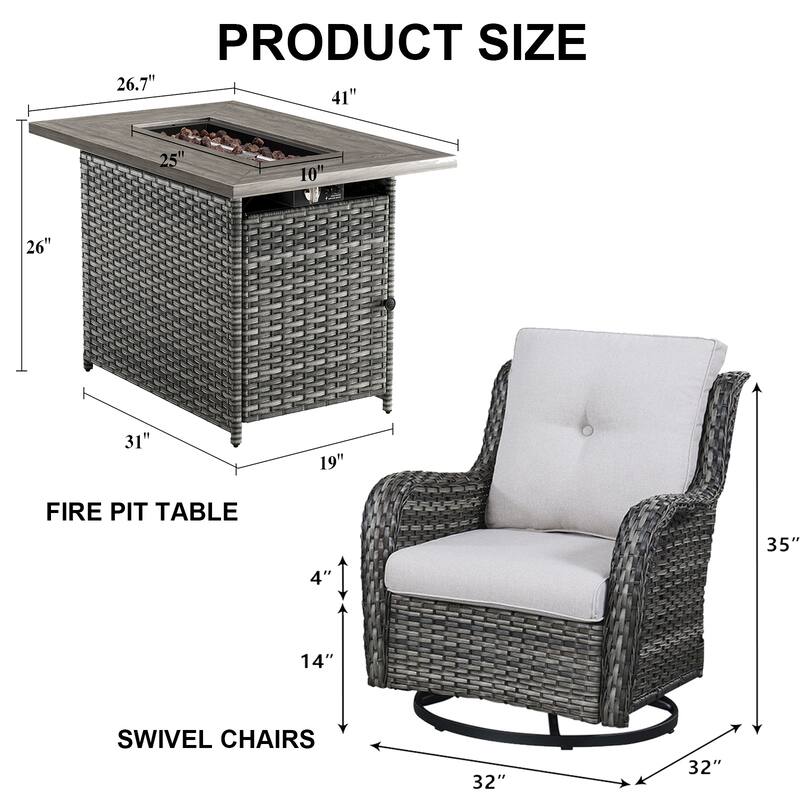 Outdoor Rattan Swivel Chair with Fire Pit Table - Grey