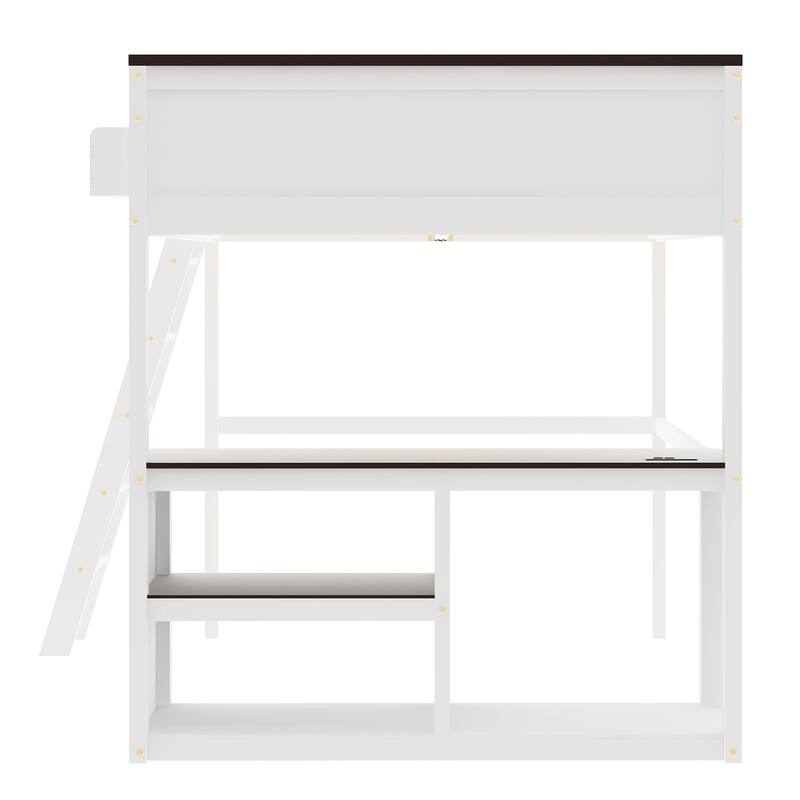 Queen Size Loft Bed with Desk,Open Shelf and a Storage Box,USB Charging Station, White