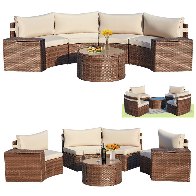 AVAWING 7 Pieces Half Moon Patio Conversation Set PE Wicker Sectional Sofa
