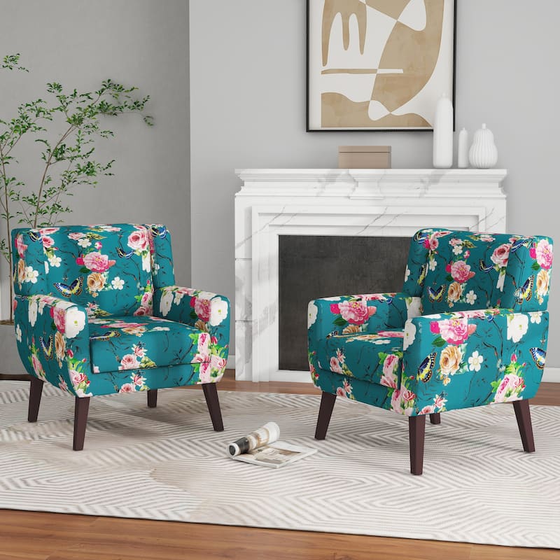 Modern Upholstered Faux Leather Tufted Armchair Linen Accent Chairs - Set of 2 Chairs - Pattern Blue/Linen