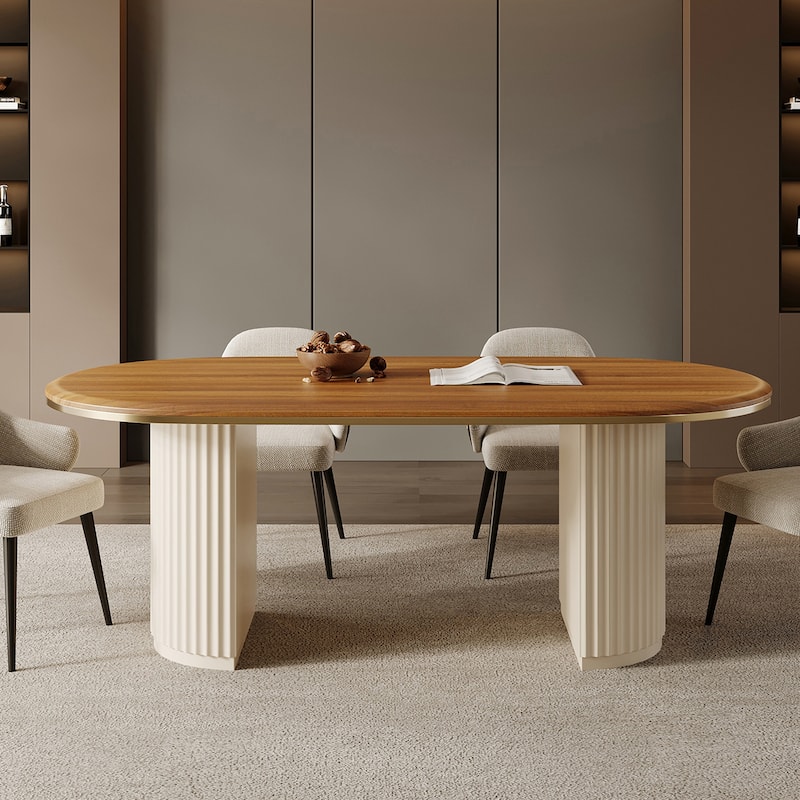 71" Mid Century Wood Rectangular Dining Table for 6, Oval Kitchen Table with double legs, Brown