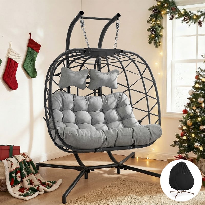 Oversized Outdoor Double Swing Egg Chair, 700 lbs Capacity 2-Person Hanging Egg Chair Swing with Cushion - Light Grey/Grey-Cover