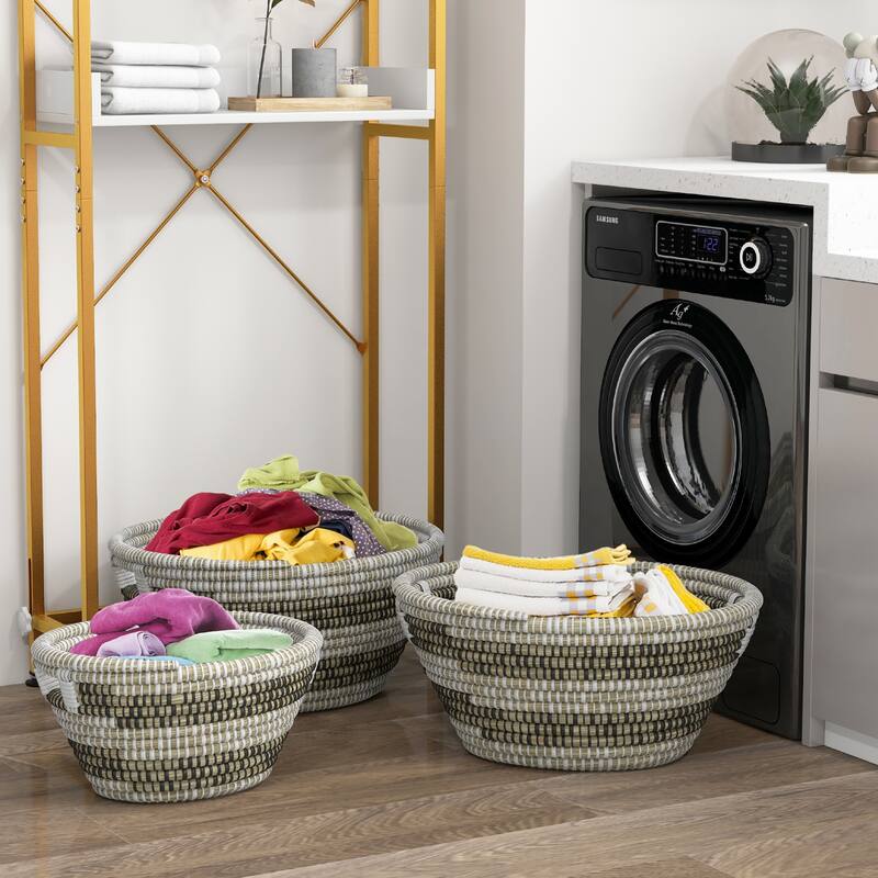 Gymax Natural Canes Grass Baskets Stackable Storage Bins Set of 3 w/