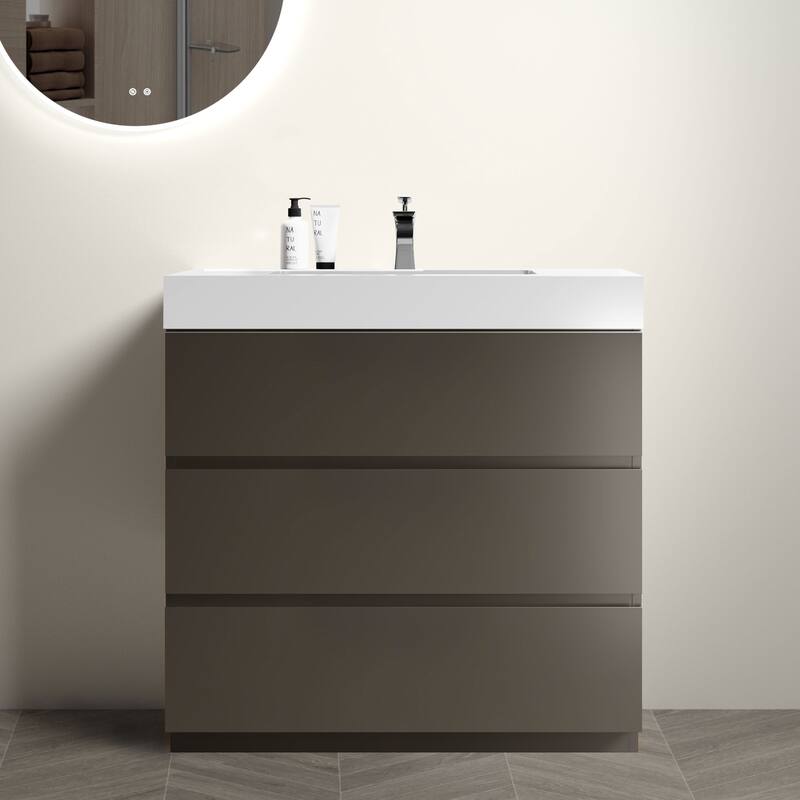 36" Grey Large Storage Freestanding Vanity for Modern Bathroom, One-Piece White Sink Basin without Drain and Faucet - Grey