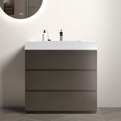 36" Grey Large Storage Freestanding Vanity for Modern Bathroom, One-Piece White Sink Basin without Drain and Faucet