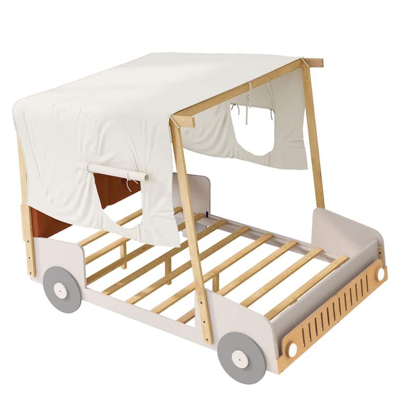 Roomfitters Size Car Canopy Bed, Wood Frame Platform with Upholstered Headboard, Tent Roof Design