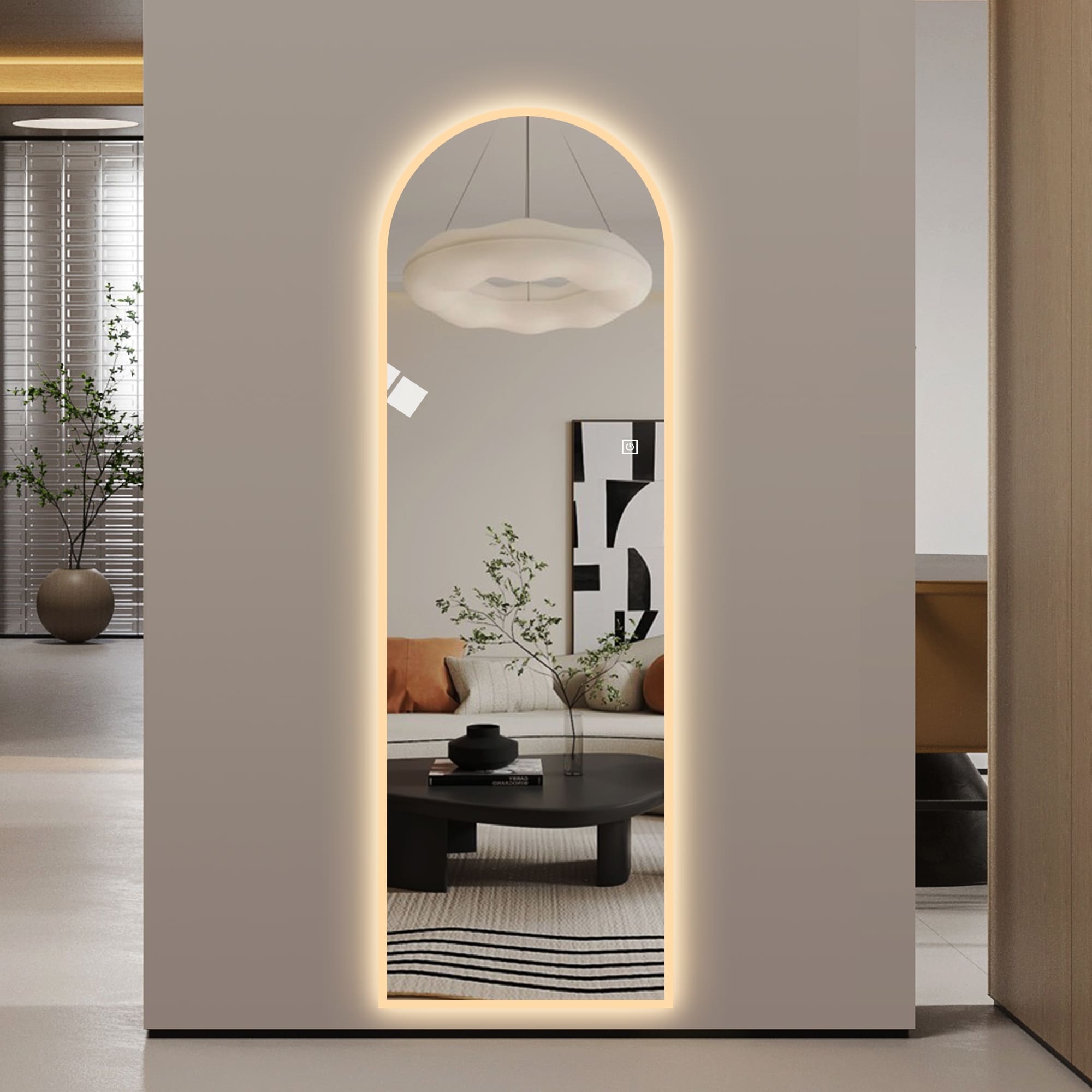 65"x 21"LED Full Length Wall Mirror,Symmetrical Arch Design with Frosted Glass Border,Copper-Free Silver Glass