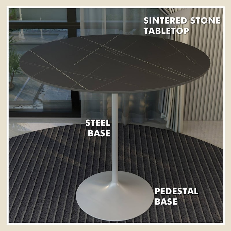 LeisureMod Verve 48" Round Bar Dining Table with Stone TableTop and White Steel Base for Kitchen & Dining Room