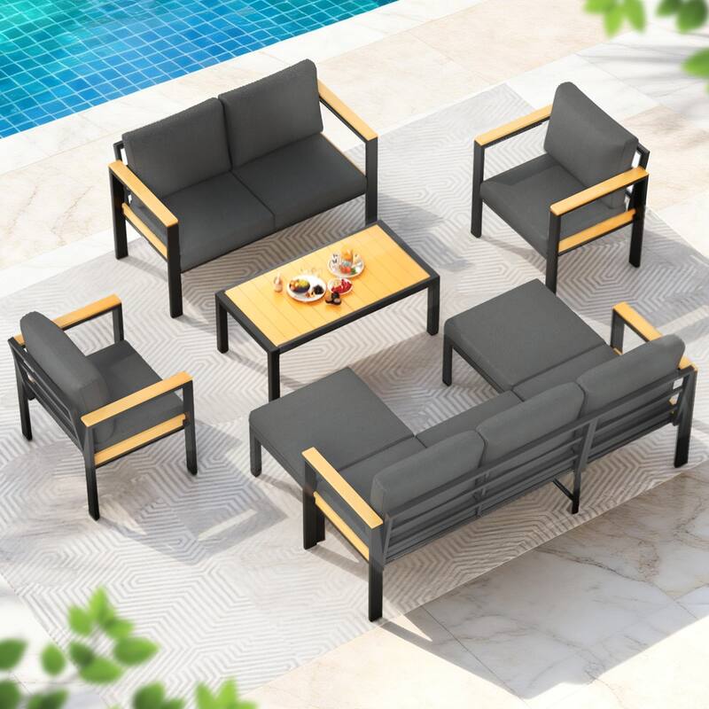4/5/7-Piece Patio Conversation Set with Table, All-Weather Aluminum Furniture for Outdoor Living - Gray/Black - Set 7