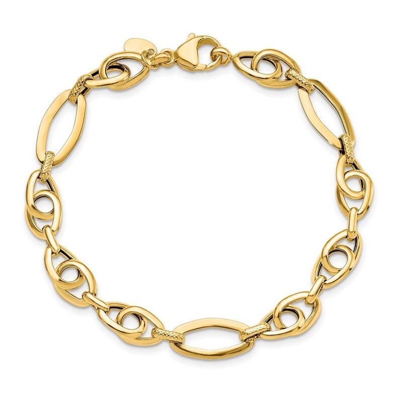 Curata 14k Gold Polished Textured Fancy Link Bracelet 7.75 Inch
