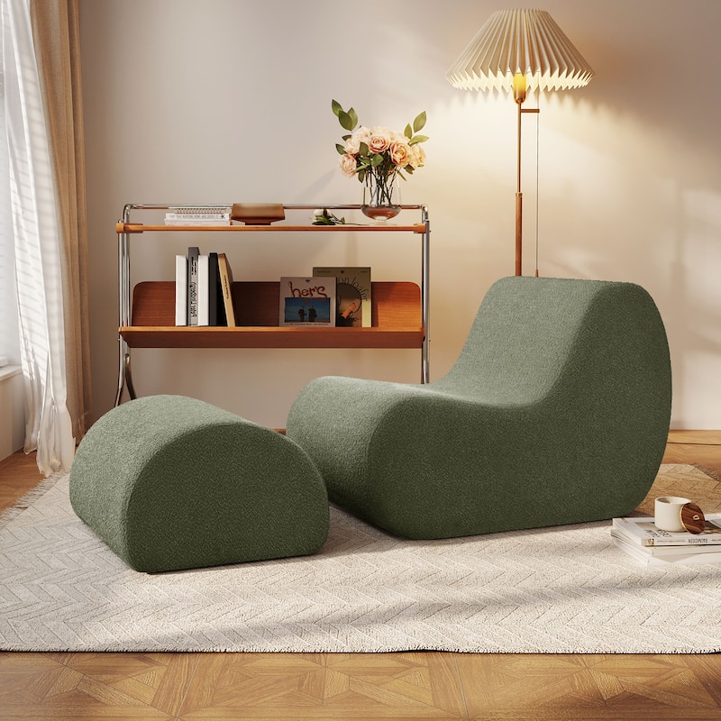 Elegant Accent Chair with Ottoman,Stylish Curved Design and Minimalist Lines, High-Resilience Foam for Luxurious Seating - Green