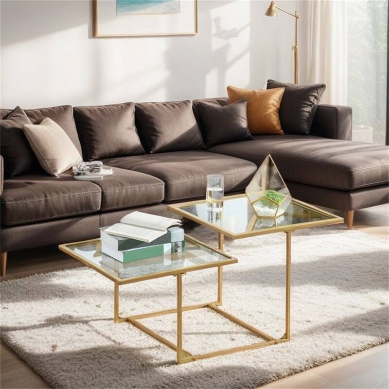 Coffee Table,Tempered Glass Coffee Table with 2 Square Tabletops