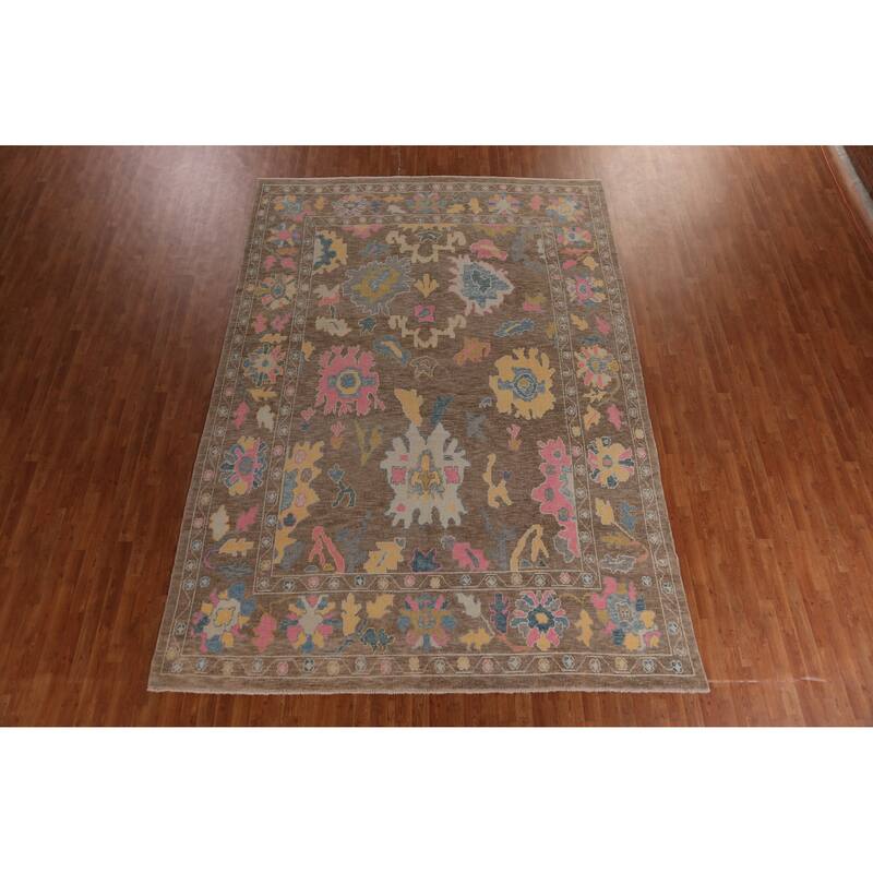 Hand Knotted Oriental 100% Wool Carpet Transitional All-Over Brown Oushak Area Rug - 12' 8'' X 8' 11''
