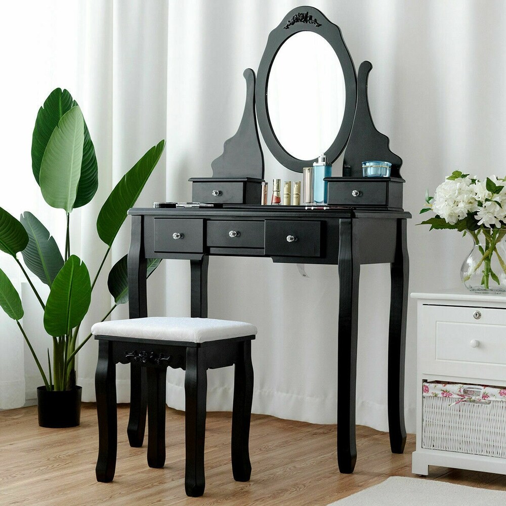 Overstock Gymax Vanity Jewelry Wooden Makeup Dressing Table Set W/Stool Mirror and 5 Drawers Black (Black) | Tremendous Home