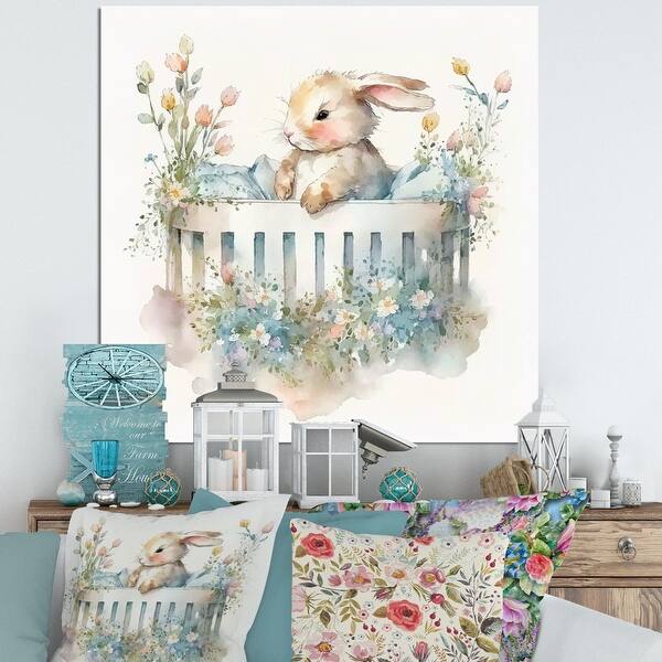 slide 2 of 7, Designart 'Baby Bunny In Crib With Flowers II' Animals Canvas Wall Art
