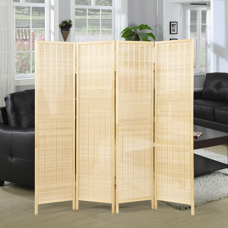 Roundhill Furniture Inkwell 4-Panel Bamboo Room Divider, Folding Portable Partition Screen - Natural with Natural Frame