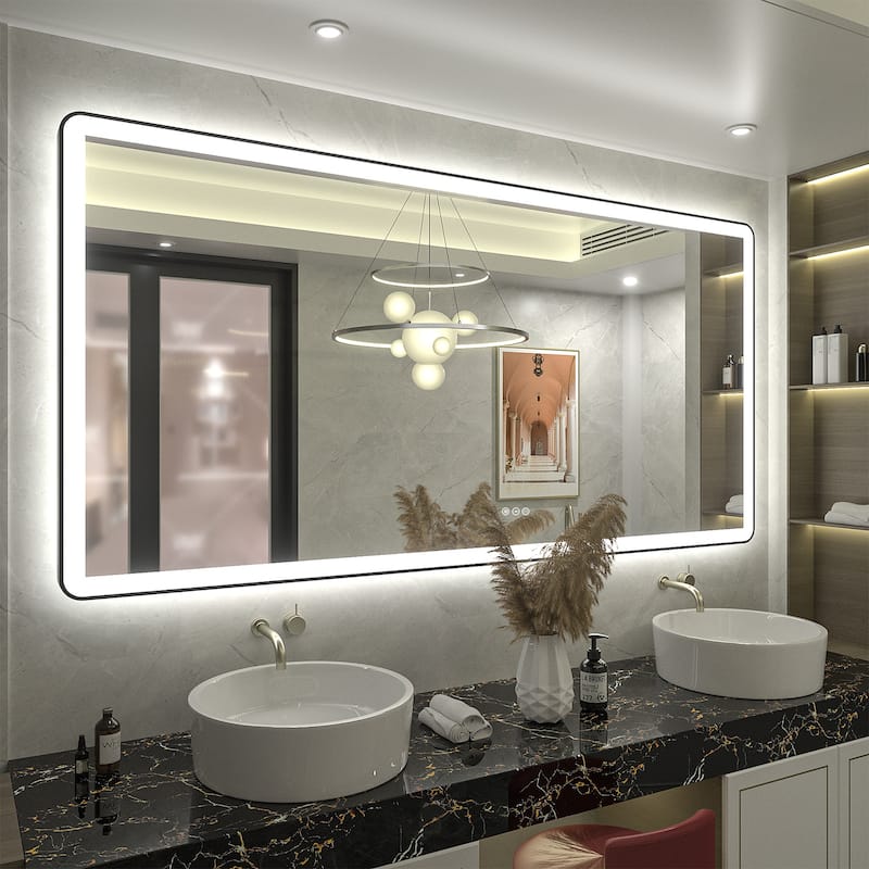 Framed Front & Back LED Lighted Anti-Fog Tempered Glass Wall Bathroom Vanity Mirror - 60"X36"