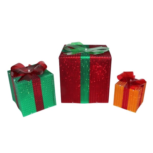 Shop Set Of 3 Lighted Glistening Gift Box And Bow Outdoor