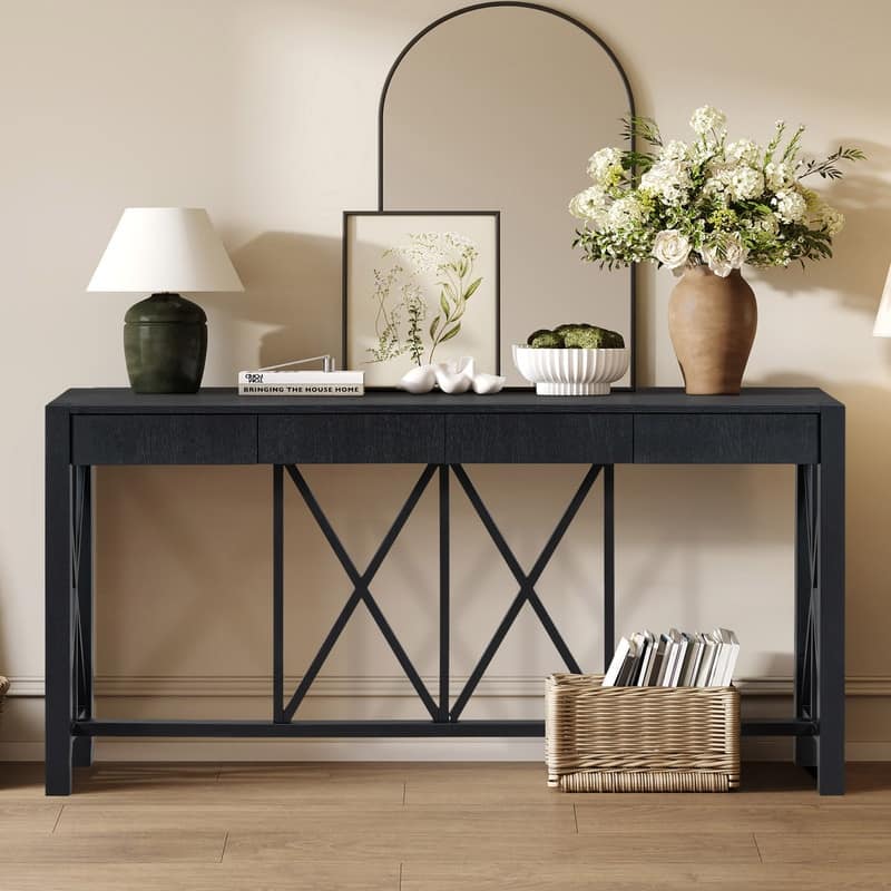 Modern Acacia Wood 60" Console Table with 4 Drawers and Unique X-Design for Entryway or Living Room - Black