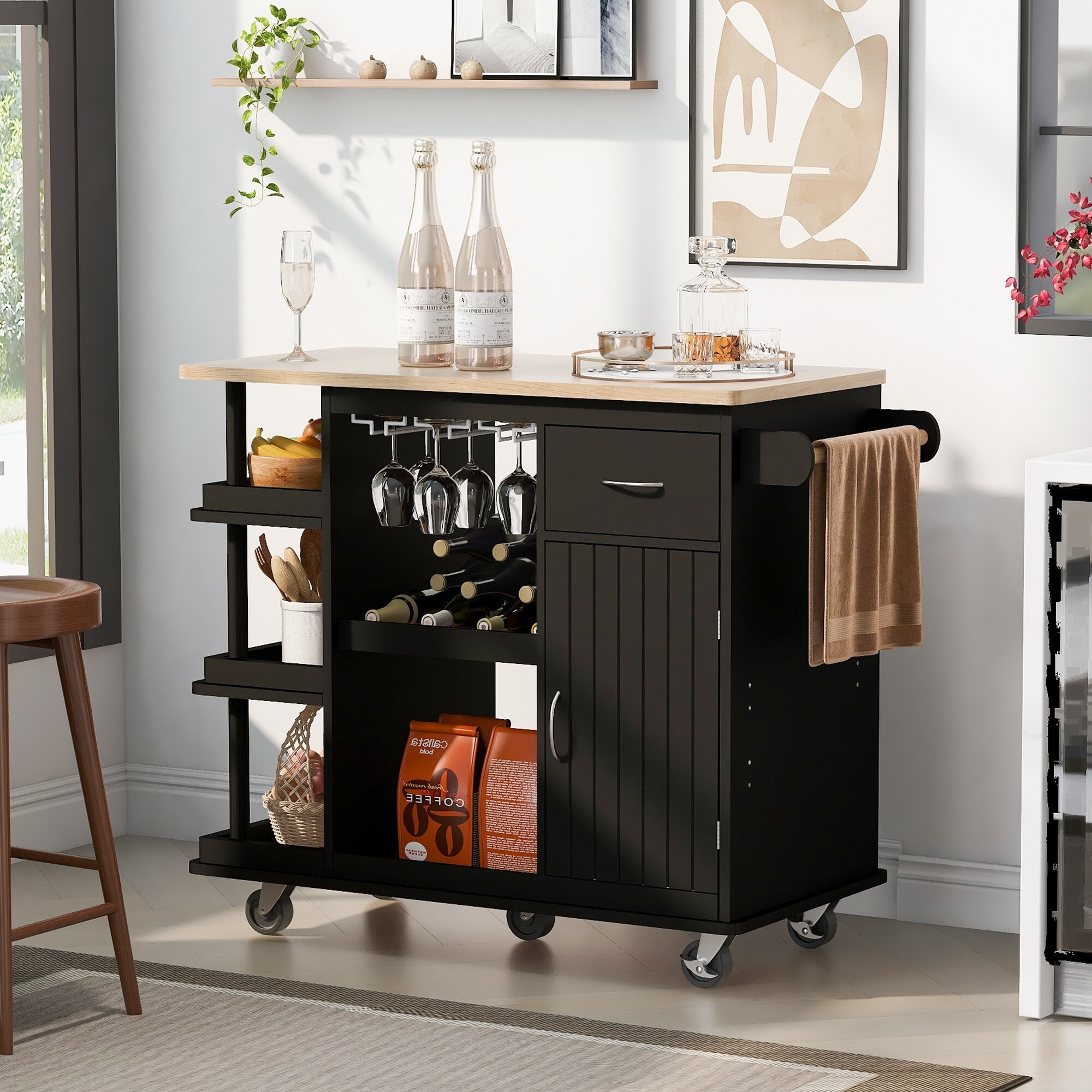 Multipurpose Kitchen Island w Side Storage Wine Shelves Wine