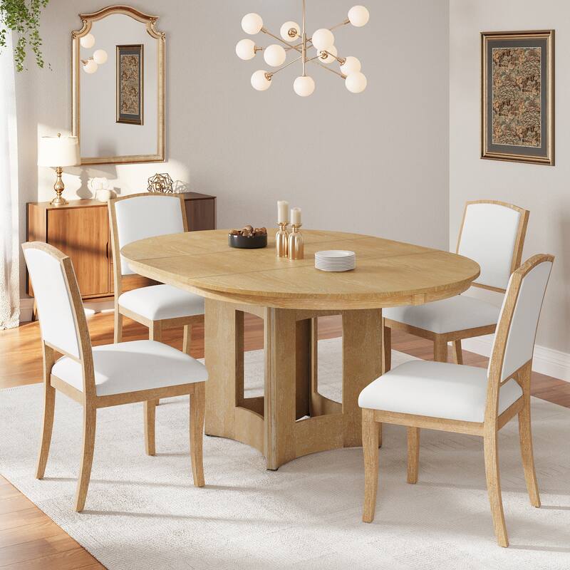 5-Piece, Farmhouse Extendable Round Dining Table Set with 4 Chairs and Removable Leaf, for kitchen and Dining Room - Brown