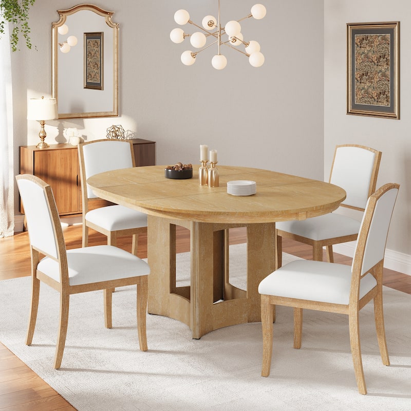 Farmhouse 5-Piece Extendable Round Dining Table Set with 4 Upholstered Chairs for Compact Living Spaces - Natural