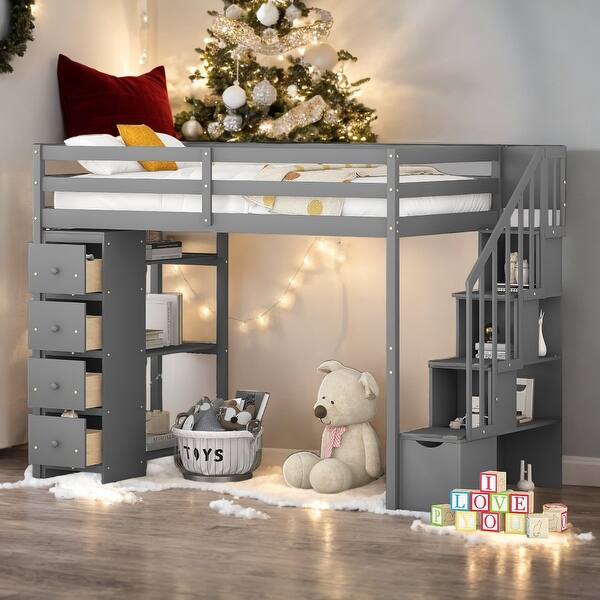 slide 2 of 27, Twin Size Wooden Loft Bed With 4 Storage Drawers,Shelves and Stairs Grey